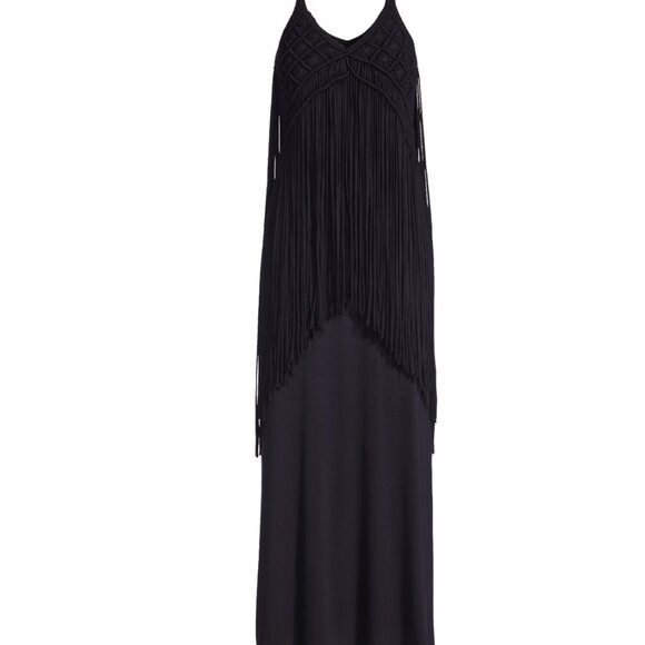 Boston Proper Boho Fringe Maxi Dress Black Size Large NWT - Picture 3 of 3